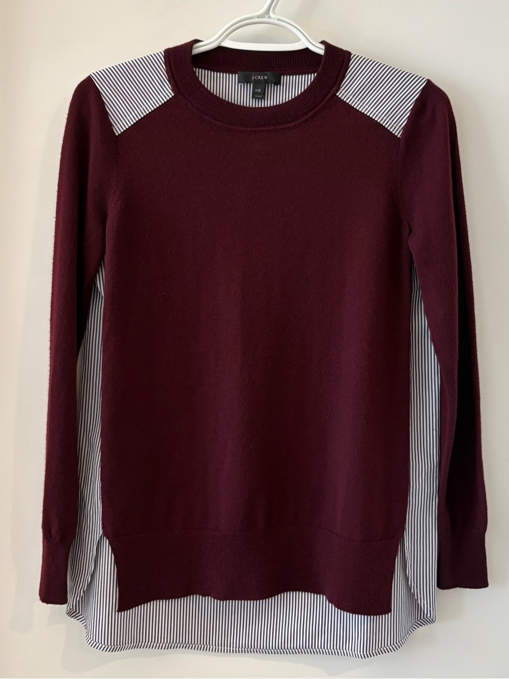 J. Crew Maroon Mixed-Media Merino Wool and Cotton Stripe Crewneck Sweater
